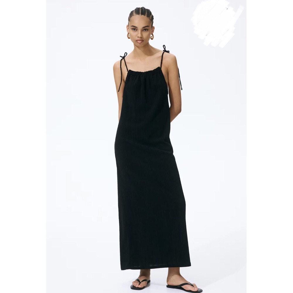HM Women Black Smocked Crinkled Dress Spaghetti Tie Straps Long Boho Casual M